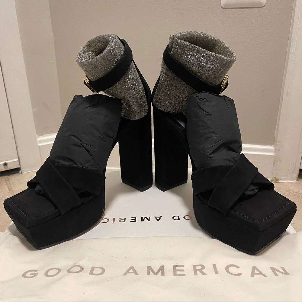 Good American Square Toe Chunky Heel Strappy Platform in Black Suede